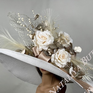 SALE Oversize 10&quot; Brim White  Big Wedding  Kentucky Derby  Tea Hat Cocktail Summer Woman Hat Horse Racing Huge Big Hat