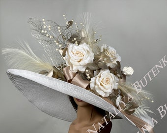 SALE Over Size 10" Brim White  Big Wedding  Kentucky Derby  Tea Hat Cocktail Summer Woman Hat Horse Racing Huge Big Hat