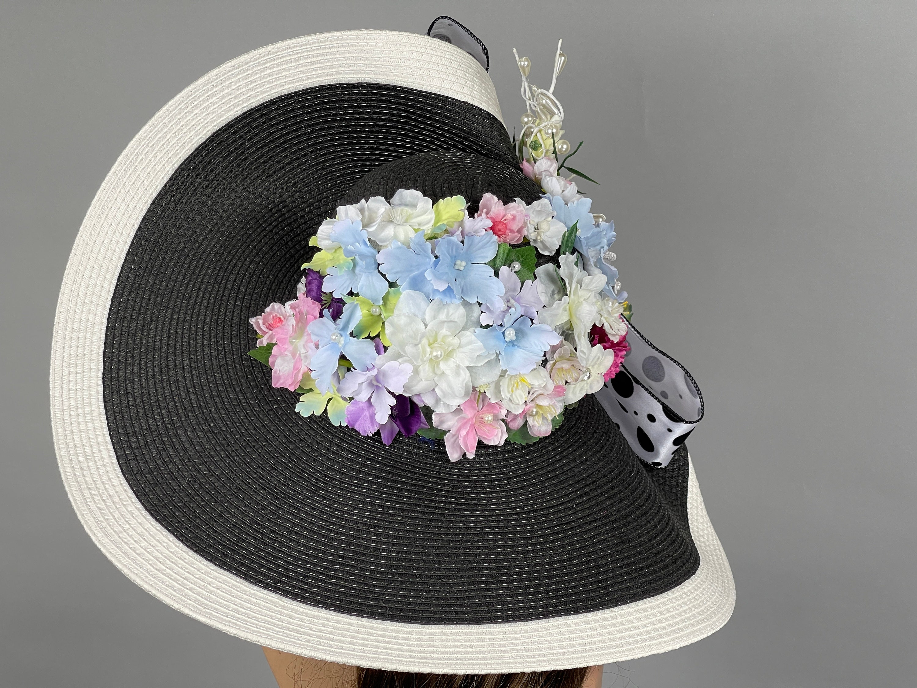 SALE Black & White Kentucky Derby Hat: Floral Wide Brim Tea 