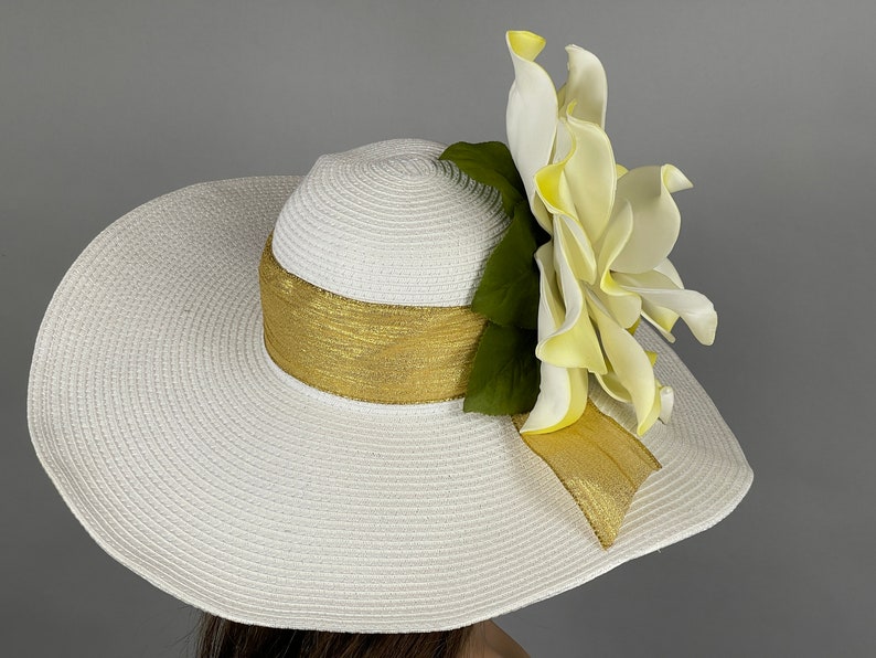 SALE Off White Yellow Derby Woman Kentucky Derby Horse Racing Party Event Hat Tea Party Hat Wide Brim image 3