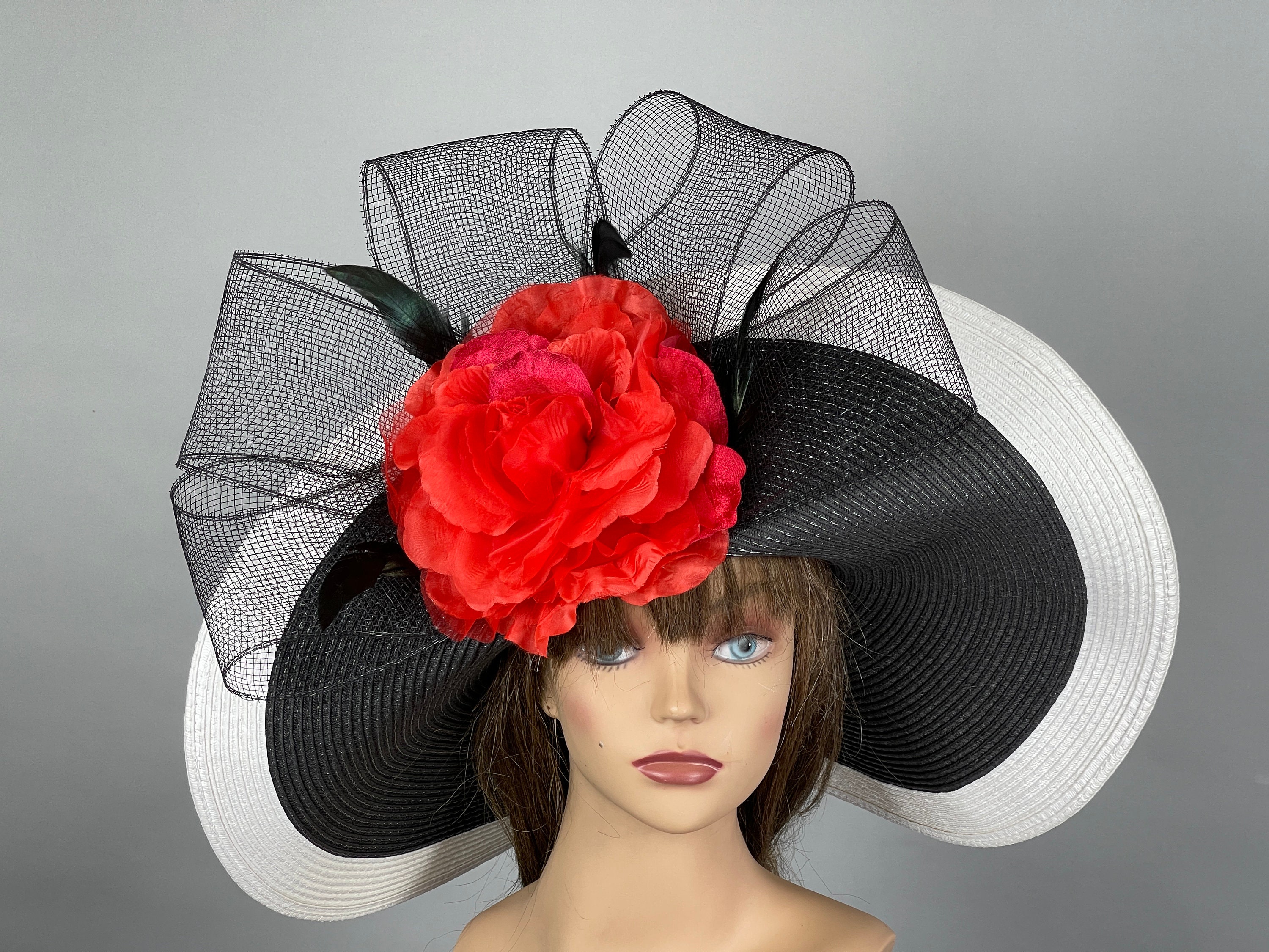 SALE Black & White Kentucky Derby Hat: Red Floral Wide Brim  display picture 1