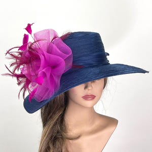 SALE Nave Blue Hot Pink Hat Wedding  Kentucky Derby Hat Wedding Accessory Cocktail Hat Tea Party Church Hat