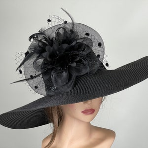 SALE Black Derby Woman Kentucky Derby Horse Racing Party Event Hat Tea Party Hat Wide Brim image 2