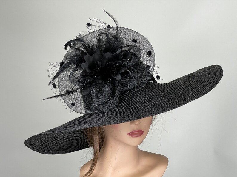 SALE Black Derby Woman Kentucky Derby Horse Racing Party Event Hat Tea Party Hat Wide Brim image 2