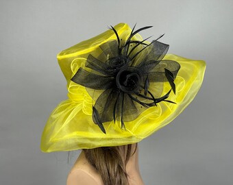 SALE Bright Yellow Black Organza Wedding  Kentucky Derby Hat Wedding Accessory Cocktail Hat Tea Party Church Hat