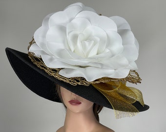 SALE Black Kentucky Derby Hat: Gold Accent, White Flower  display picture 1
