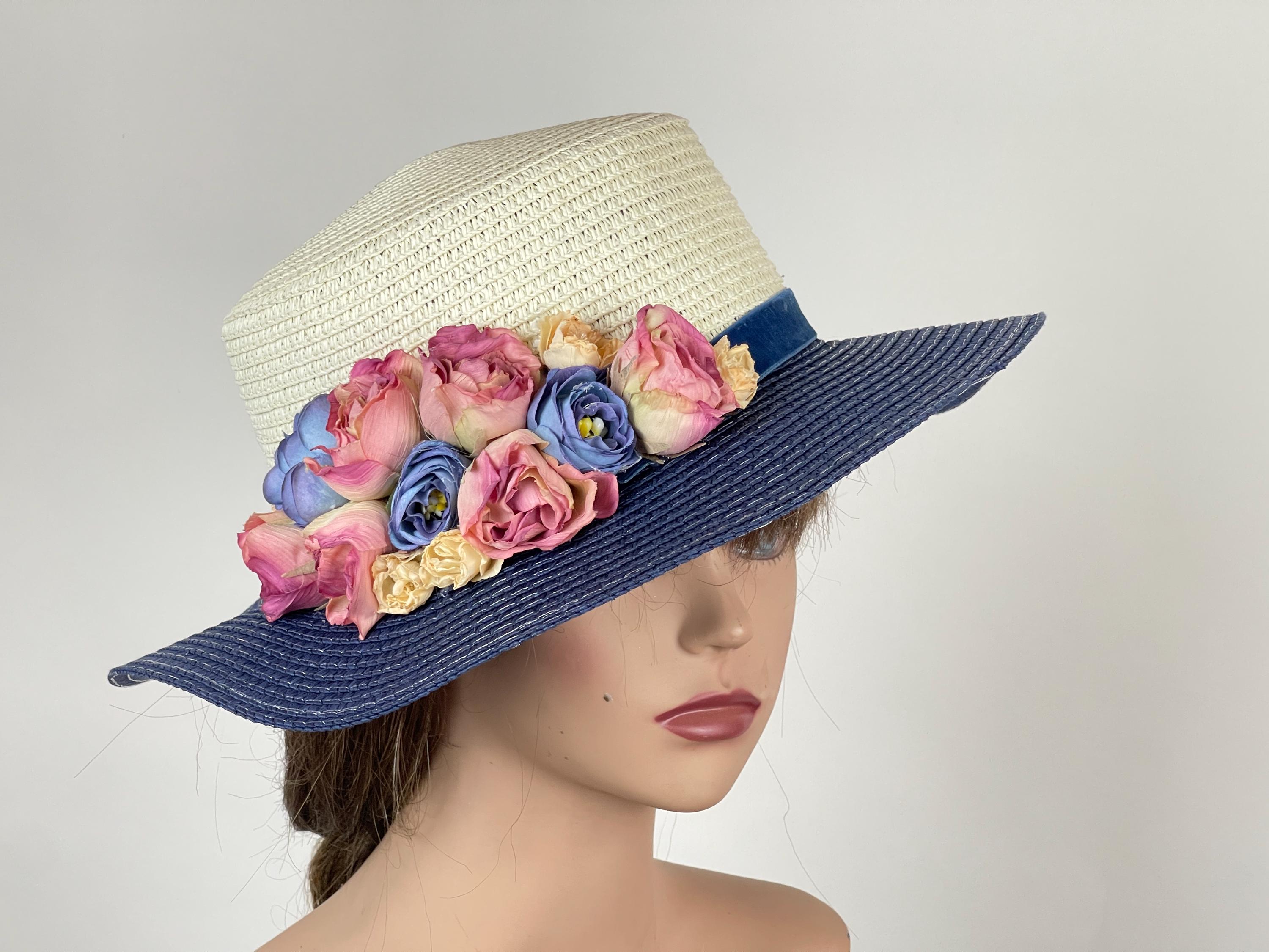 Navy custom floral fancy Derby hat, handmade display picture 1