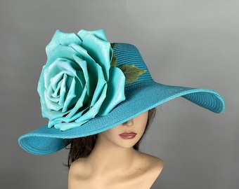 SALE Woman Floppy Turquoise Blue Hat Party Kentucky Derby Hat Tea Hat Wedding Cocktail Party Hat Church Hat Wide Brim