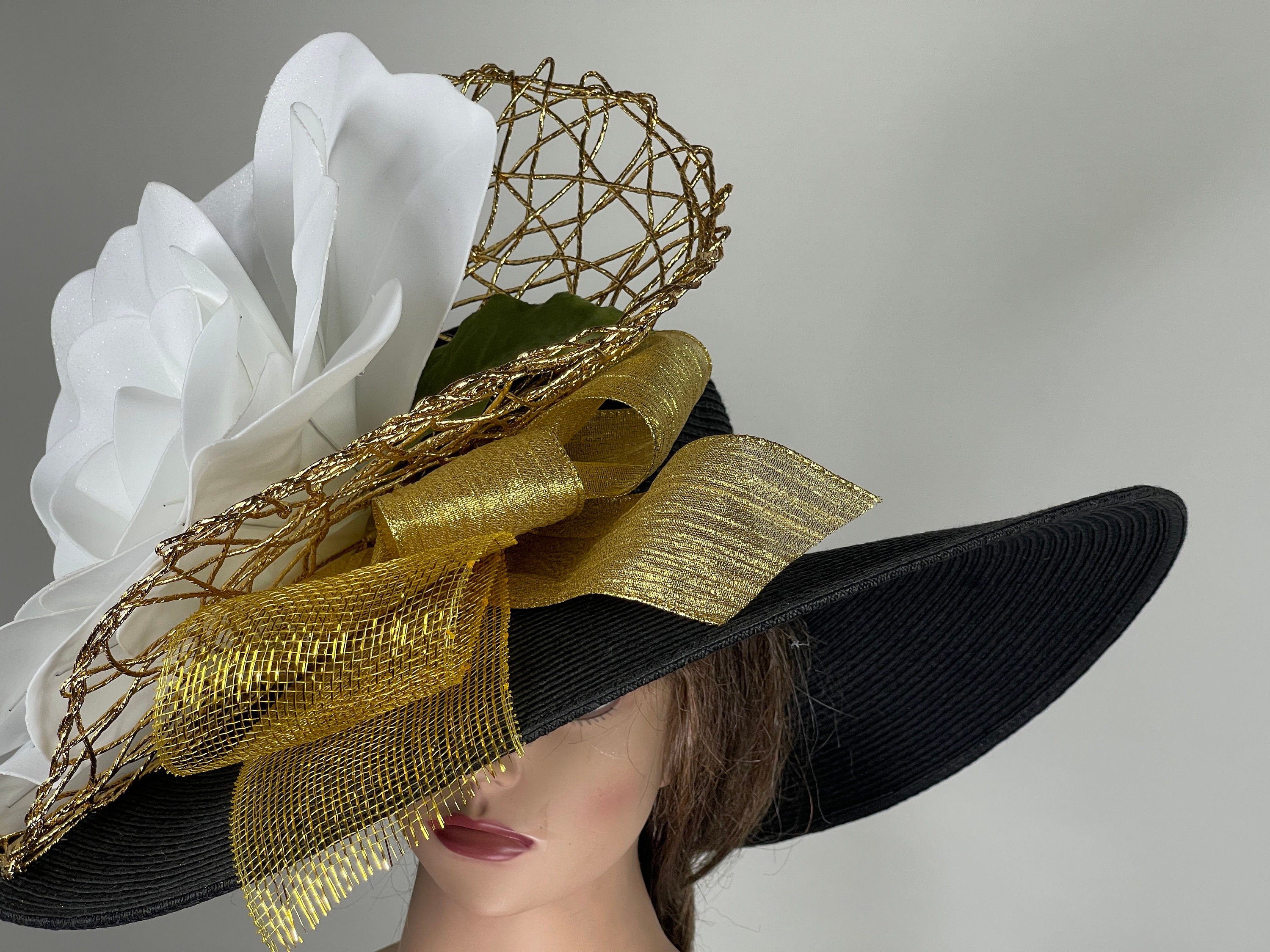 Vtg Black Hat Church Kentucky Derby Easter Milan By Charm Women’s Gold Flower Kentucky Derby Hat, Wide Brim Hot Pink Flower Black Church  main image 3