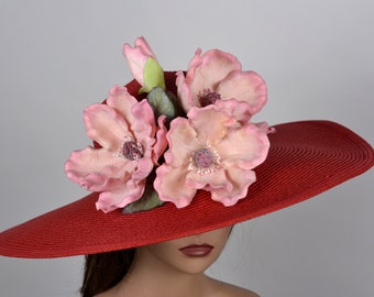 SALE Red Pink Woman Party  Kentucky Derby Hat Tea Hat Wedding Accessory Cocktail Party Hat Church Hat Wide Brim