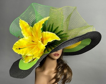 SALE Over Size 10" Brim Green Yellow Big  Wedding  Kentucky Derby Hat Tea Hat Cocktail Summer Woman Hat Horse Racing Big Hat Wide Brim