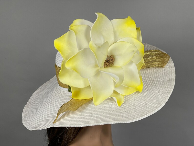 SALE Off White Yellow Derby Woman Kentucky Derby Horse Racing Party Event Hat Tea Party Hat Wide Brim image 4