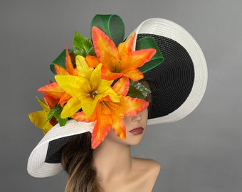 Black White Orange Woman Party Kentucky Derby Hat Tea Hat Wedding Accessory Cocktail Party Hat Church Hat Wide Brim