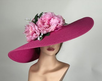 SALE Hot Pink Floppy Wedding Head Piece Kentucky Derby Hat Wedding  Pink Peonies Cocktail Wide Brim