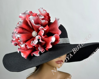 SALE Black Red Silver Woman Party  Kentucky Derby  Tea Hat Wedding  Cocktail Party Hat Church Hat Wide Brim