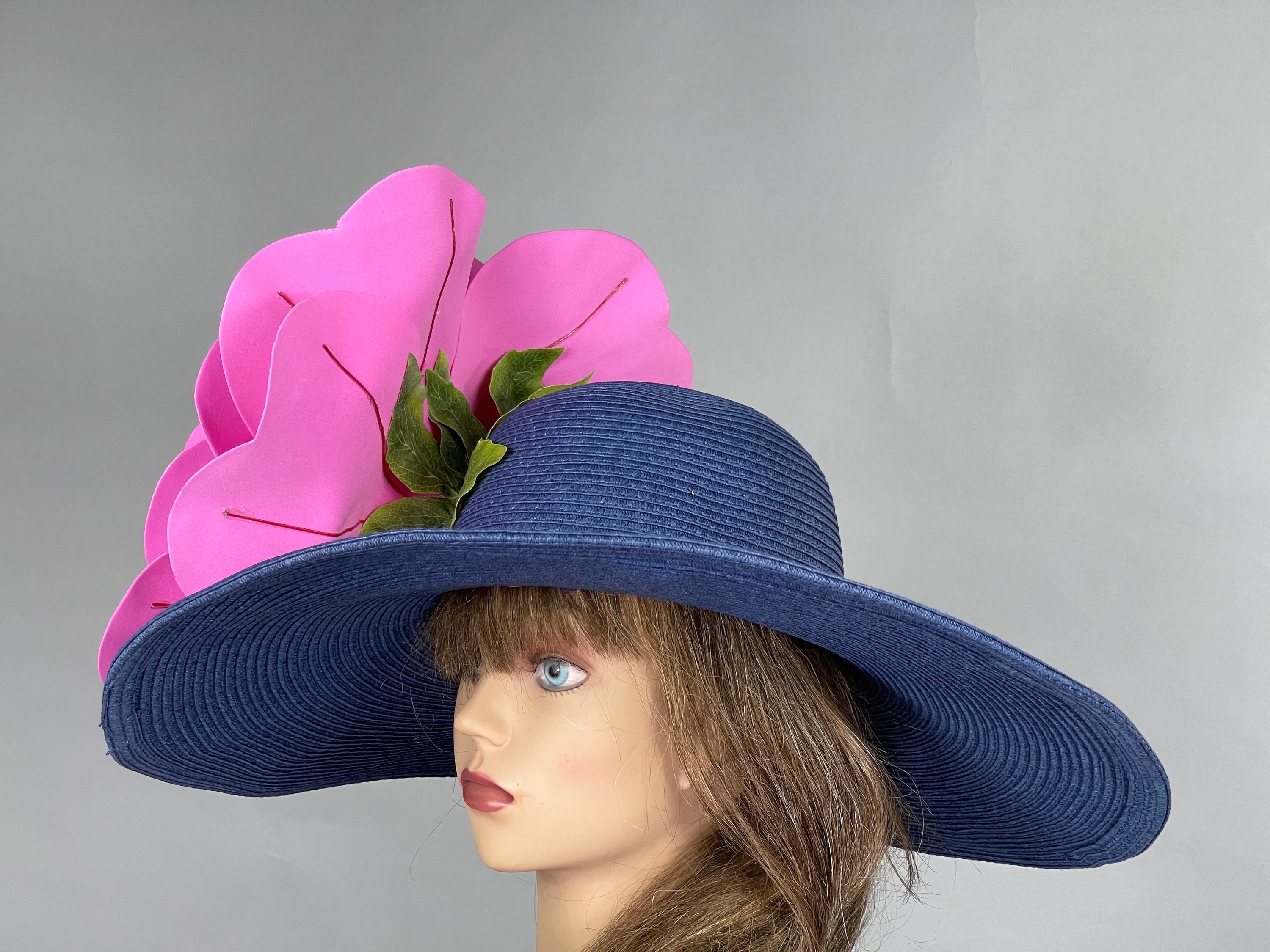 Navy Blue Kentucky Derby Hat: Hot Pink Rose Wedding Occasion 