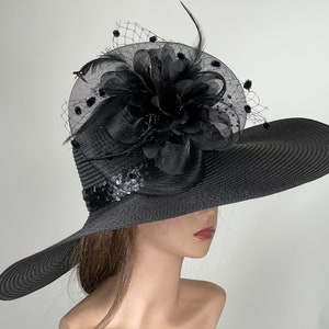 SALE Black Derby Woman Kentucky Derby Horse Racing Party Event Hat Tea Party Hat Wide Brim image 1