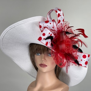 SALE White Red Woman Party Kentucky Derby Tea Hat Wedding Cocktail Party Hat Church Hat Wide Brim