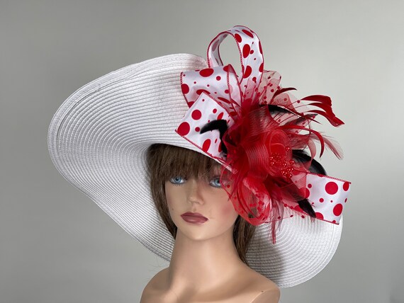 SALE White Wide Brim Kentucky Derby Hat: Red Polka Dot Party  display picture 1