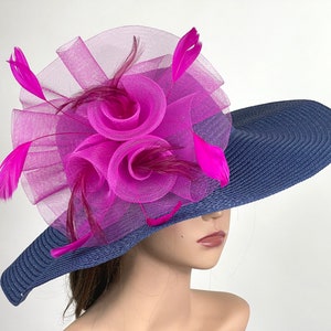 SALE Woman Navy Blue Hot Pink Hat Floppy Hat Party Hat Kentucky Derby Tea Wedding Cocktail Party Hat Church Hat Floppy Brim image 3