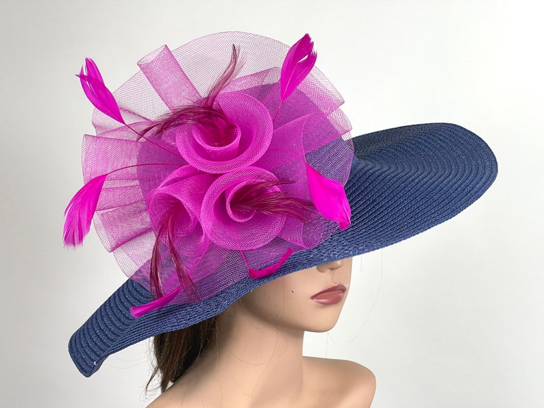 SALE Woman Navy Blue Hot Pink Hat Floppy Hat Party Hat Kentucky Derby Tea Wedding Cocktail Party Hat Church Hat Floppy Brim image 3