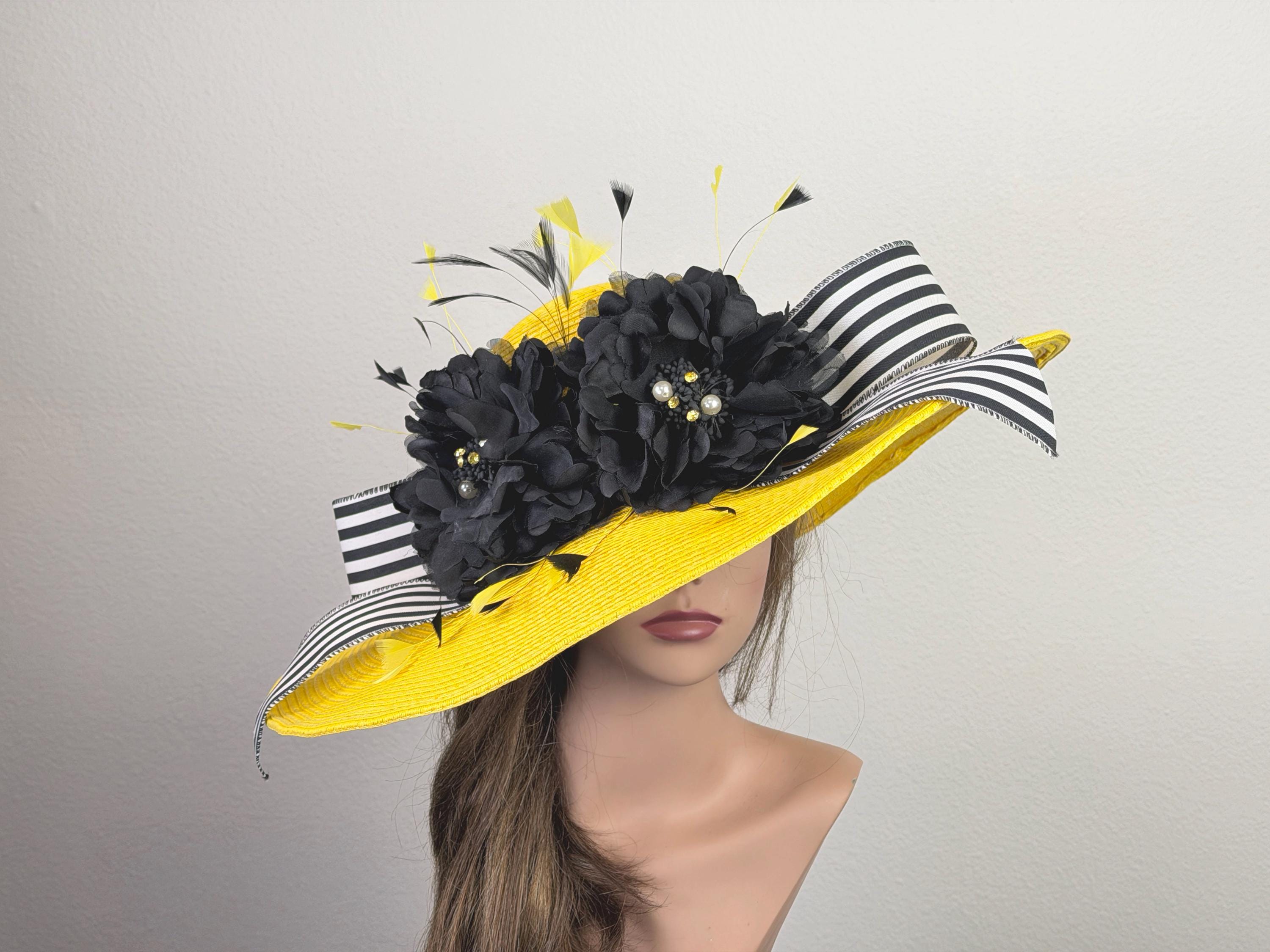 Vintage Yellow Union Made Church Hat Kentucky Derby Easter Fascinator LG USA Wide Brim Sinamay Derby Hat: White & Yellow Feathered Church  main image 3