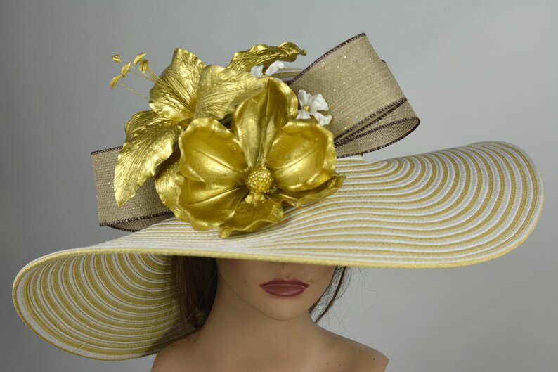 Gold Strips Woman Party Hat Kentucky Derby Hat Tea Hat Wedding Accessory Cocktail Party Hat Church Hat