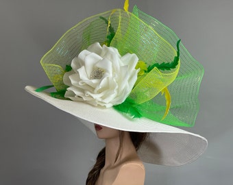 Over Size 8"Off White Hat White Rose Green Yellow Wedding Hat Kentucky Derby Hat Wedding Accessory Tea Hat Cocktail Hat Summer Hat Woman Hat