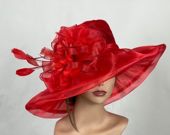 DERBY SALE Red Organza Wedding Hat Kentucky Derby Hat Fascinator Wedding Accessory Cocktail Hat Tea Party Church Hat