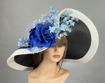 VERKOOP zwart wit blauw Derby vrouw Kentucky Derby paardenraces partij evenement hoed Tea Party hoed brede rand