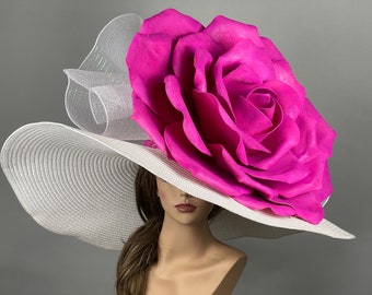 SALE Over Size 10" Brim White Hot Pink Big Wedding  Kentucky Derby Hat Tea Hat Cocktail Summer Woman Hat Horse Racing Big Hat Wide Brim