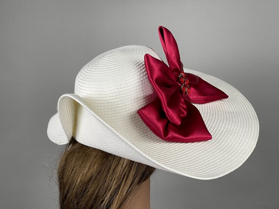 Burgundy Derby Style Wide-Brim Dress Hat with Decorative Bow SALE off White Kentucky Derby Hat: Burgundy Bow Wide Brim  main image 3