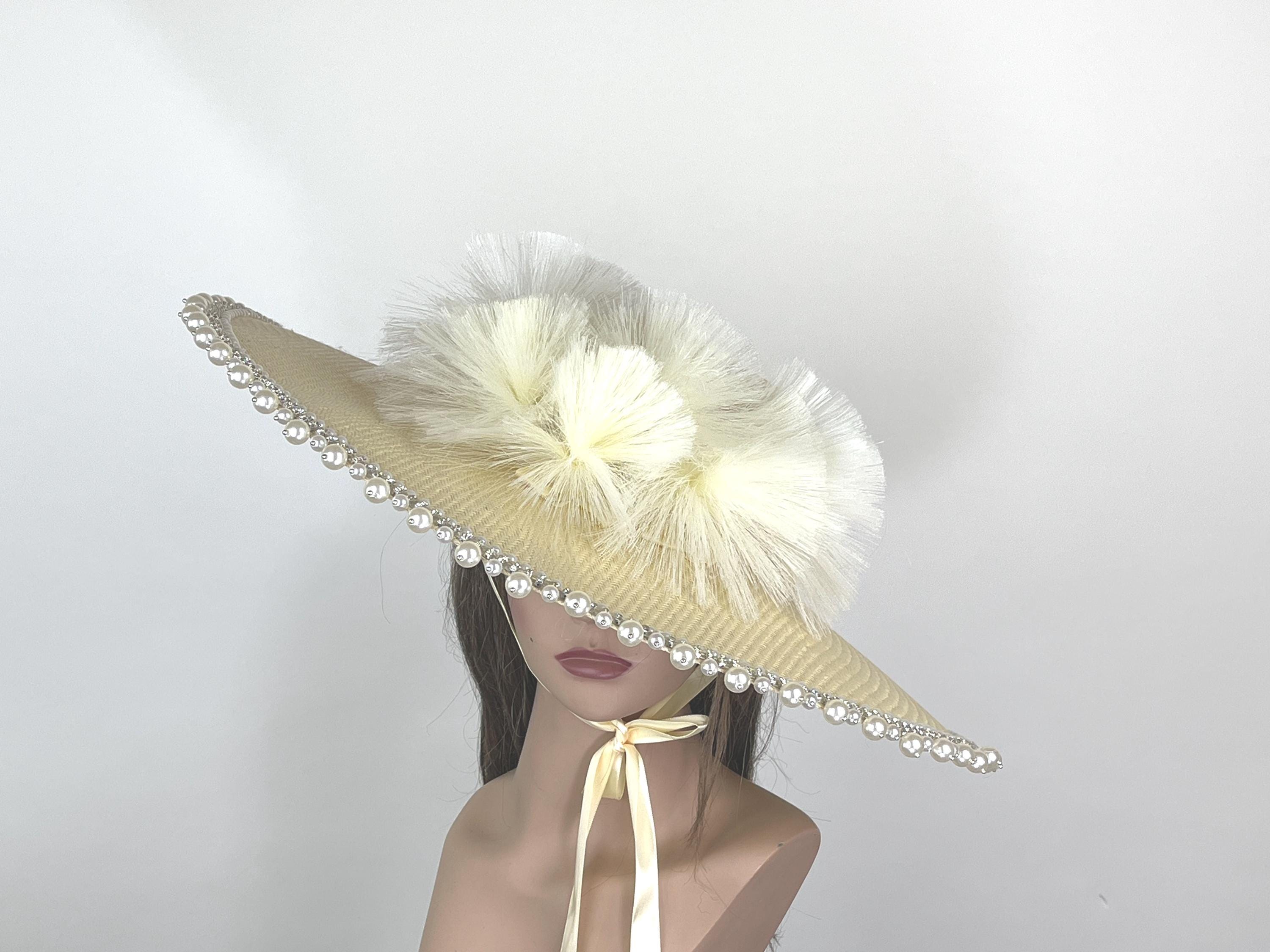 Pearl Trim Wide Brim Straw Hat Kentucky Derby Oaks Tea Church Wedding Summer SALE Wide Brim Straw Derby Hat: Kentucky Tea Party Wedding  main image 4
