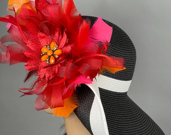 Black & White Striped Wide-Brim Hat with Red Floral Accent Black - Red Rose Derby Hat, Large Brim, Black - White Stripe  main image 2