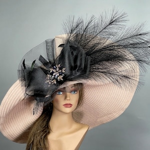 SALE Oversize 10&quot; Brim Big Wedding  Kentucky Derby Hat Tea Hat Cocktail Summer Woman Hat Horse Racing Big Pale Rose Pink Color Hat