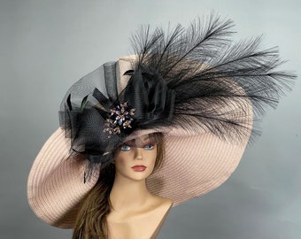 VENTA sobre tamaño 10" ala grande boda Kentucky Derby sombrero té sombrero cóctel verano mujer sombrero carreras de caballos gran rosa pálido color rosa sombrero