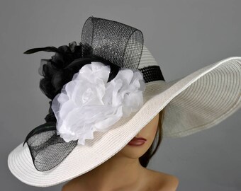 SALE White Black Wedding  Kentucky Derby  Fascinator Wedding  Cocktail Hat Woman Bridal Hat Wide Brim