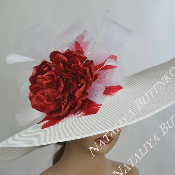 SALE Off White Red Derby Woman  Kentucky Derby Horse Racing  Party Event Hat Tea Party Hat Wide Brim