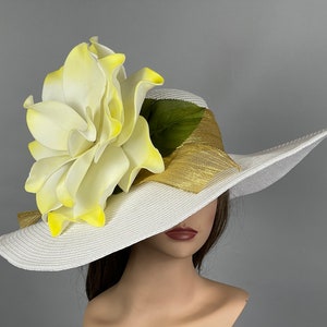 SALE Off White Yellow Derby Woman Kentucky Derby Horse Racing Party Event Hat Tea Party Hat Wide Brim image 2