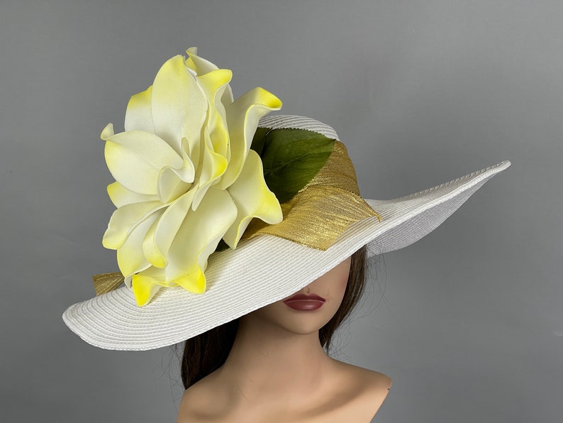 SALE Off White Yellow Derby Woman Kentucky Derby Horse Racing Party Event Hat Tea Party Hat Wide Brim image 2