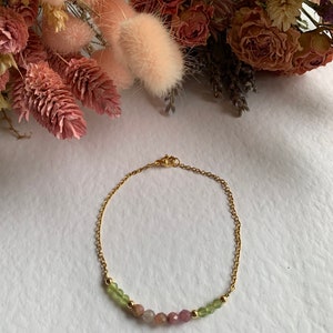 Genuine pink tourmaline and peridot dainty bracelet with non-tarnish gold-tone stainless steel chain and lobster clasp. October birthstone