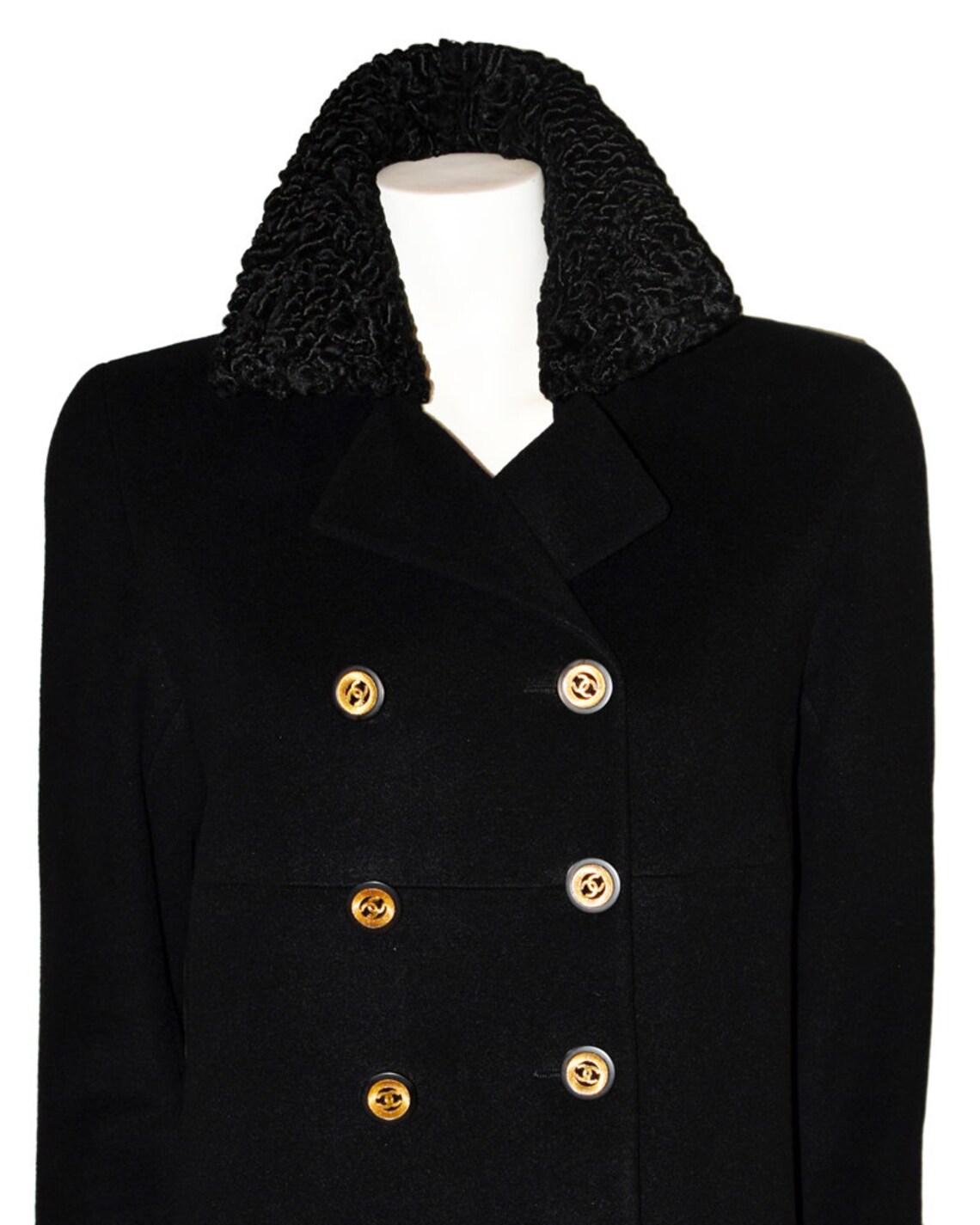 1980s Chanel Boutique Black Cashmere Coat with Gold Logo Gold Buttons