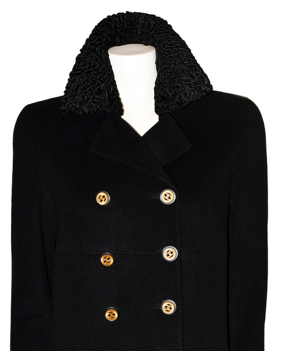 1990s Black Vintage Chanel Cashmere Coat With Astrakhan 1990s Black Vintage Chanel Cashmere Coat With Astrakhan