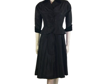 Taffeta Vintage Black Cocktail Dress / Jacket Suit with Velvet Trim 1950s by R&K Original