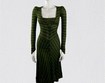 Vestido vintage Biba de jersey a rayas verdes, 1970. Talla extra pequeña.