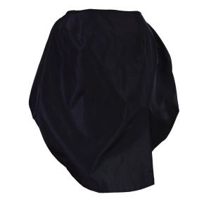 May include: A black, asymmetrical skirt made of a smooth, silky fabric. The skirt has a flowing, draped design and a slightly gathered look.