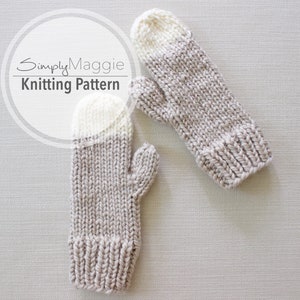 May include: Two knitted mittens with a two-tone color pattern. The mittens are beige with a white cuff. The text "Simply Maggie Knitting Pattern" is visible in a circle.