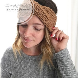 May include: A brown knitted headband with a twisted design. The headband is worn by a person with long blonde hair. The text "Simply Maggie Knitting Pattern" is visible in the image.