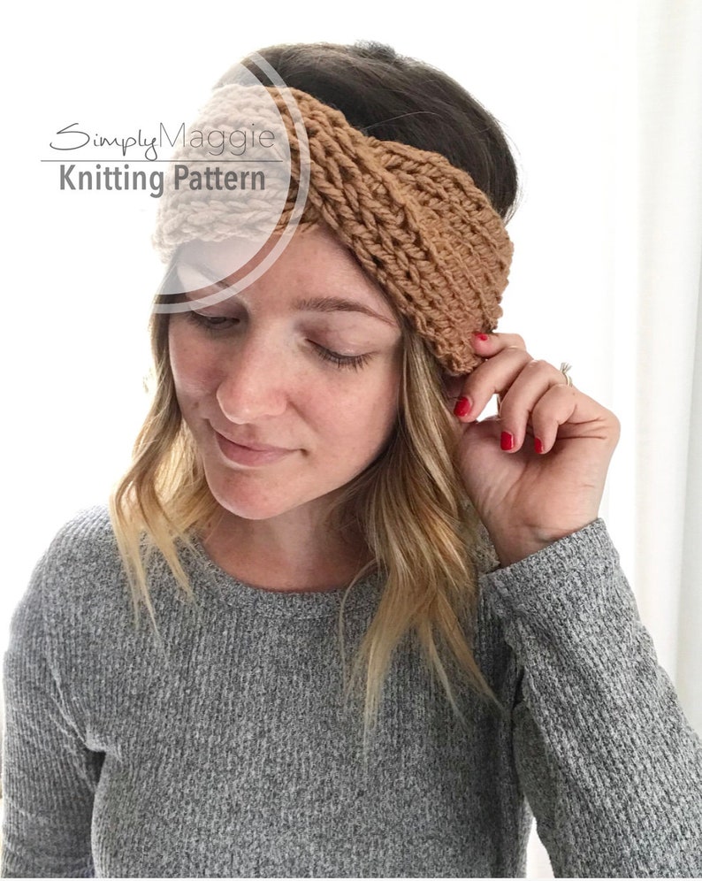 May include: A brown knitted headband with a twisted design. The headband is worn by a person with long blonde hair. The text "Simply Maggie Knitting Pattern" is visible in the image.