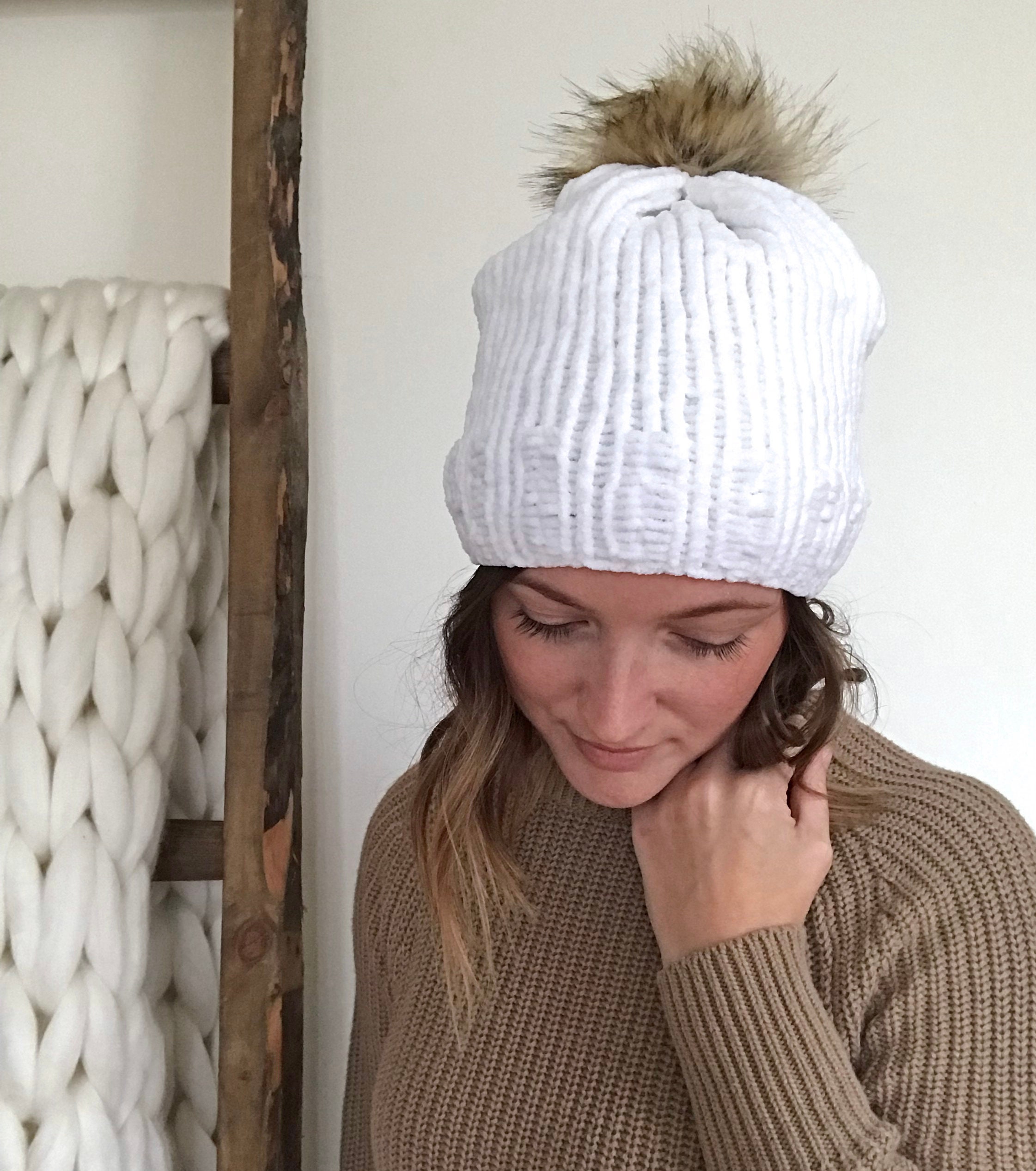 Knitting Pattern // Slouchy Chenille Beanie // Chunky Hat